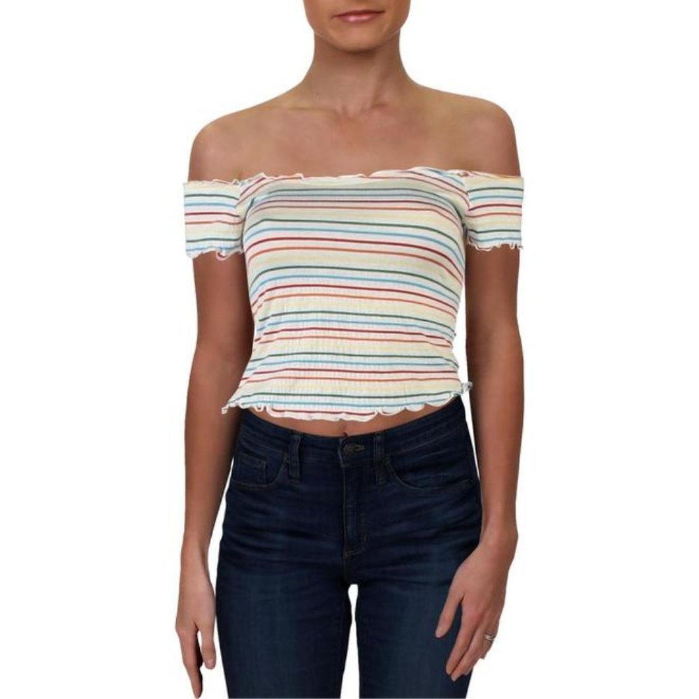 Aqua Rainbow Striped Ruffled Crop Top